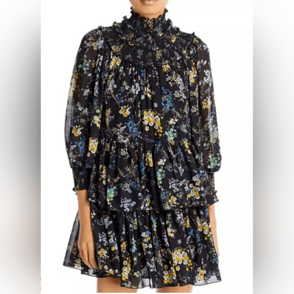 NWT CINQ A SEPT MELONY SMOCKED FLORAL PRINT MINI DRESS SIZE 0